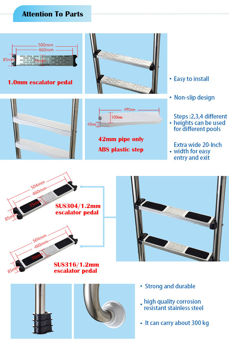 SF Swimming Pool 304 Échelle à 3 marches en acier inoxydable avec poignée