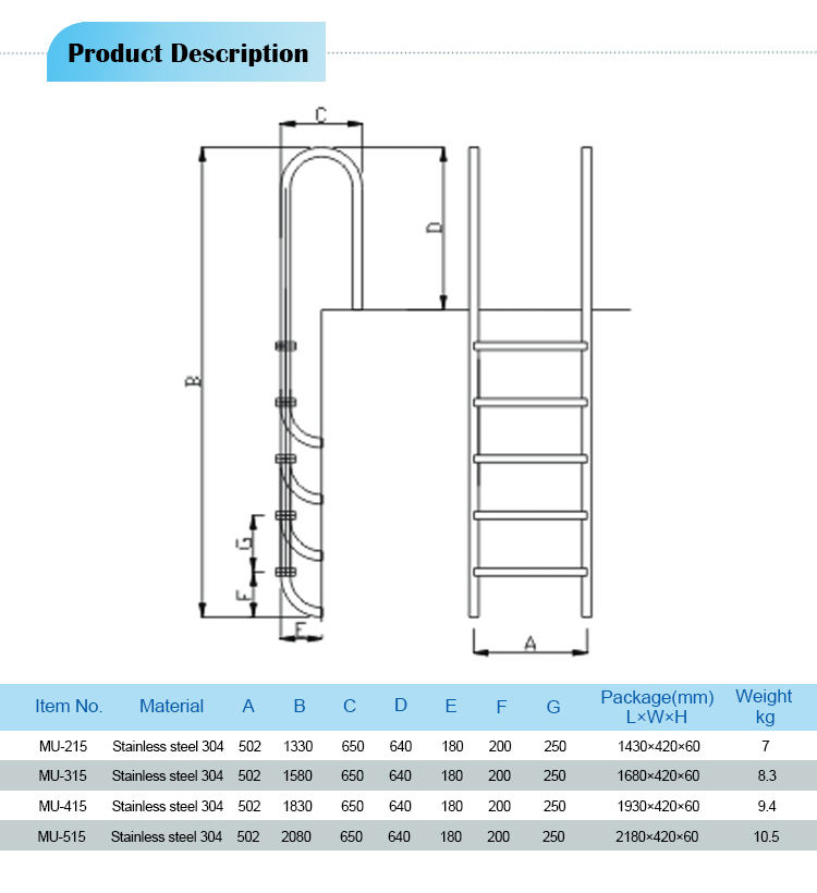 Échelle en acier inoxydable 304/316 à 3 marches Barreaux d'échelle en acier inoxydable